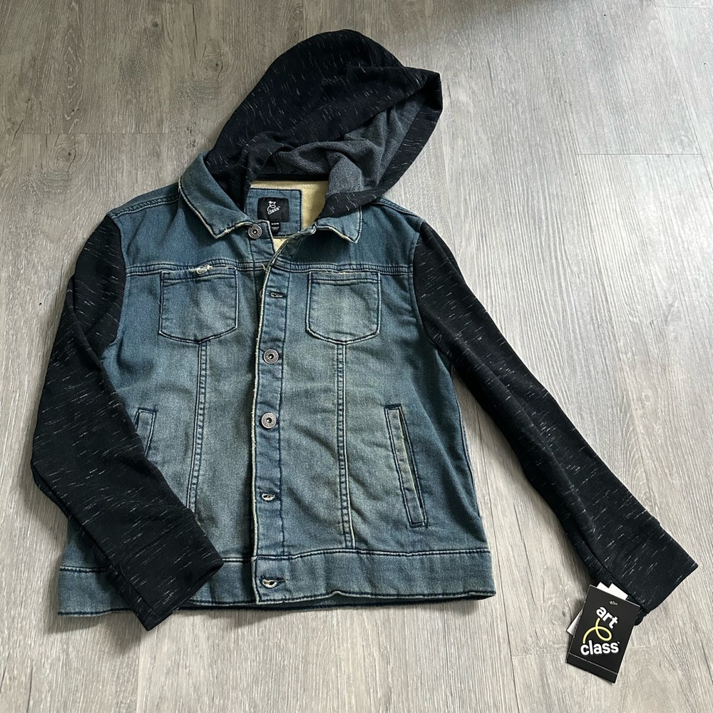 NEW Art Class Kids Hooded Denim Jacket with Sweatshirt Sleeves